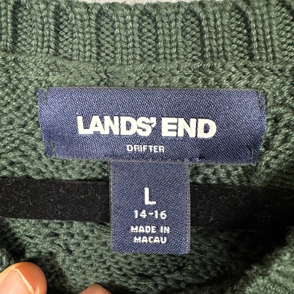 Lands End Sweater Kids L Green‎ Drifter Cable Knit Cotton Fisherman Preppy Warm - Picture 4 of 10